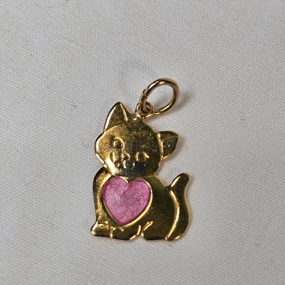 Kitty with Pink Heart Pendant Charm Fashion Jewelry Gold Tone Cat Love Kitten - Picture 3 of 8